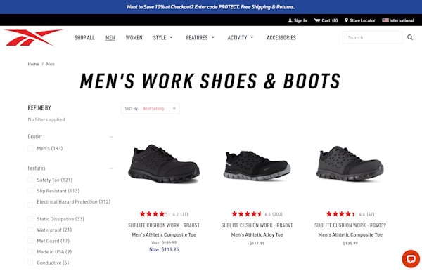 Screenshot of Reebok Work website category page