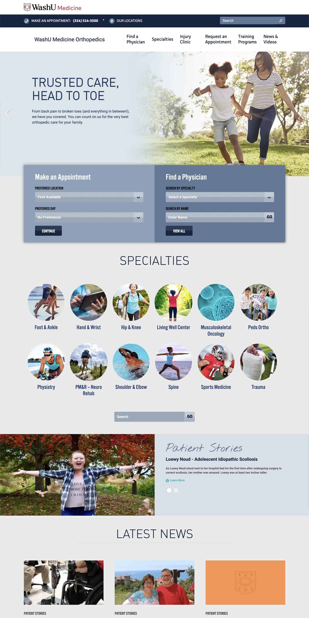 Screenshot of the Washington University Ortho website