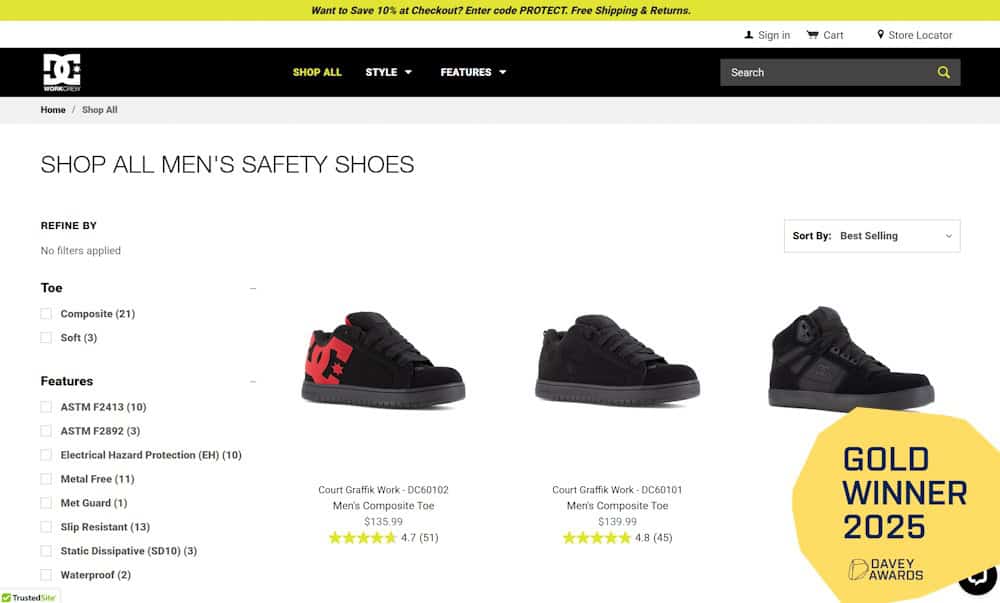 Overview of DC Work Shoes website with gold Davey award.